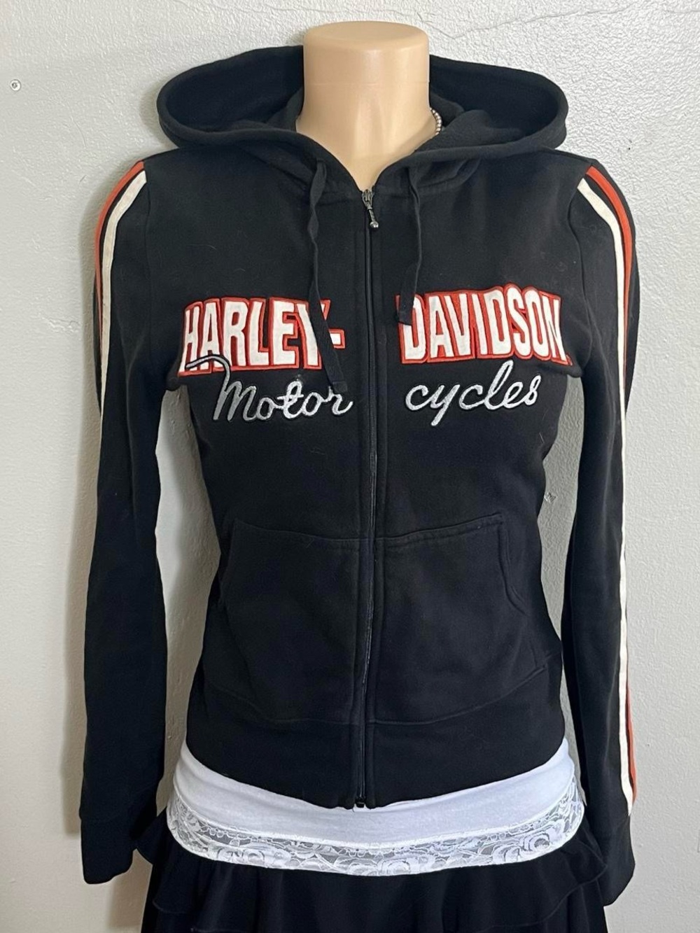 Harley-Davidson Black Zip Hoodie with Red and White Stripe Accents